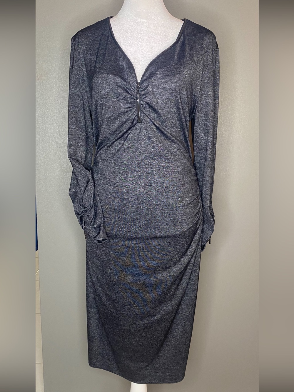 Caché Y2K Charcoal Gray Ruched V-neck Zipper Sexy Bodycon Long-sleeve Dress - L
